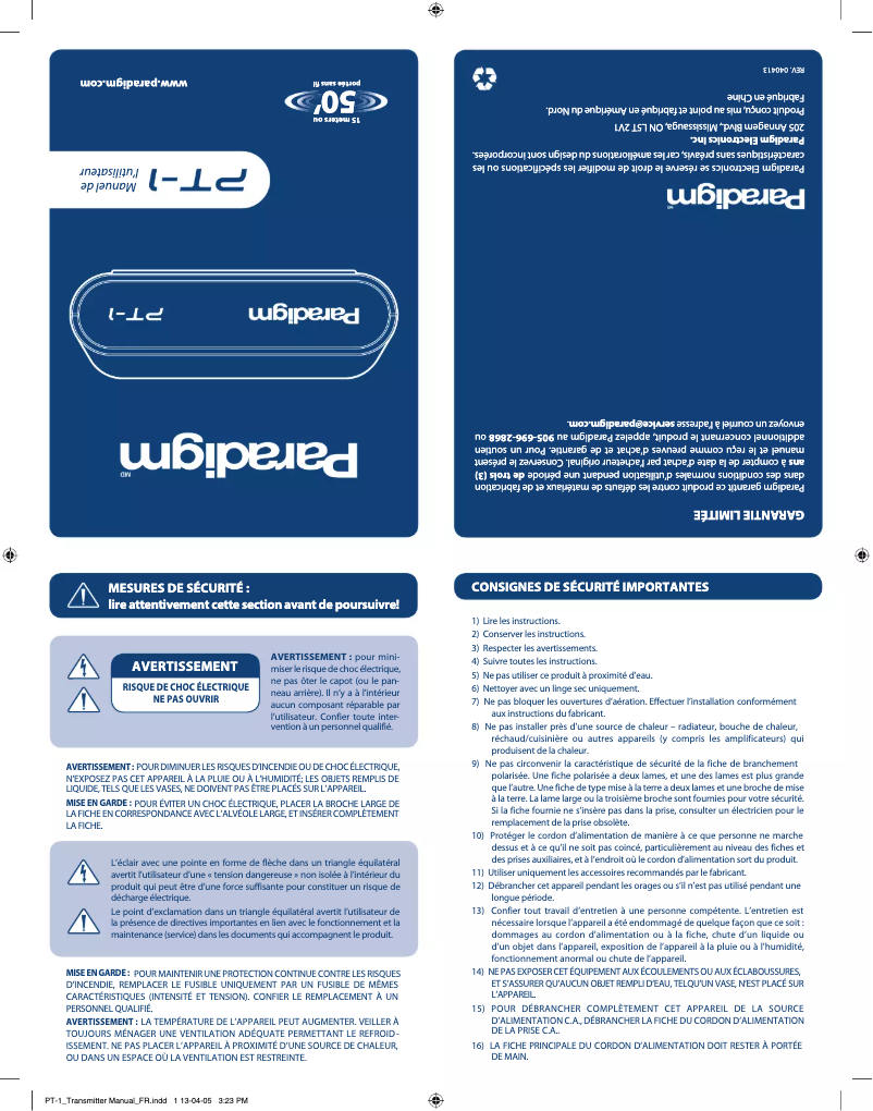 Page n°1 - Mode d'emploi Paradigm PT-1