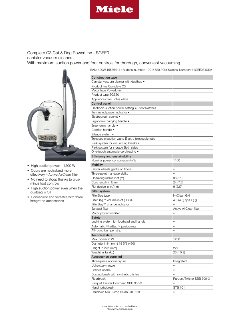Página 1 del manual Ficha técnica Miele Complete C3 Cat & Dog PowerLine SGEE0