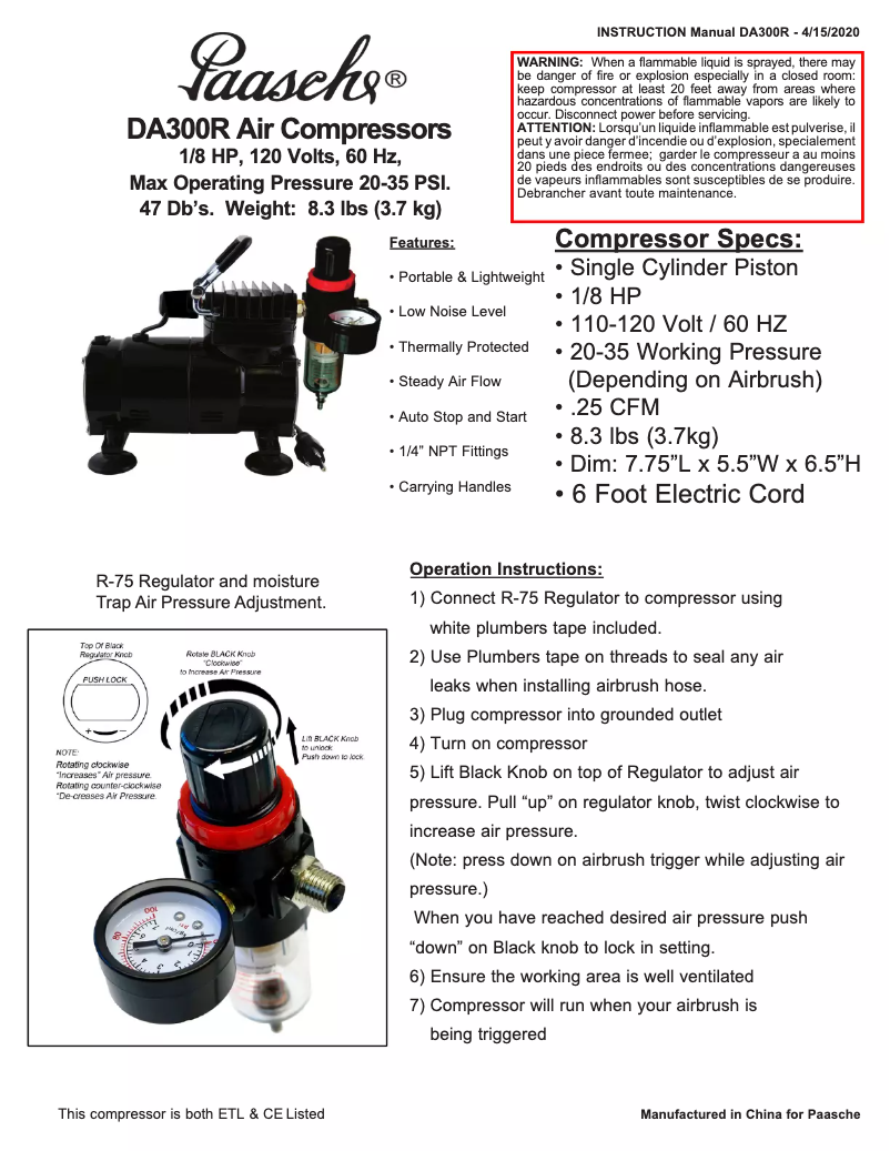 Page 1 de la notice Manuel utilisateur Paasche DA300R