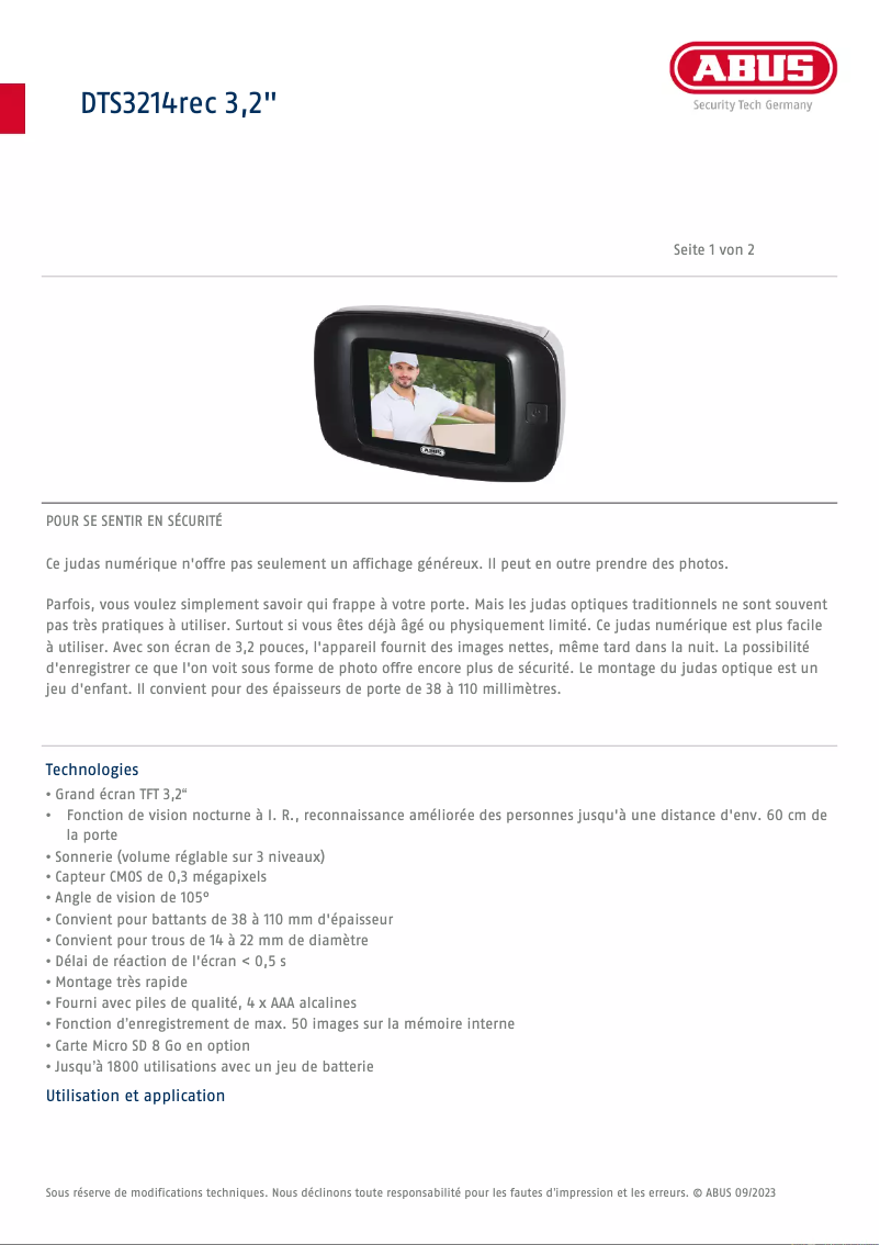 Page 1 de la notice Fiche technique Abus DTS3214rec