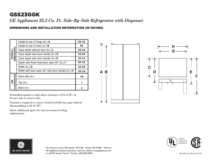 Page 1 de la notice Fiche technique GE GSS23GSKSS