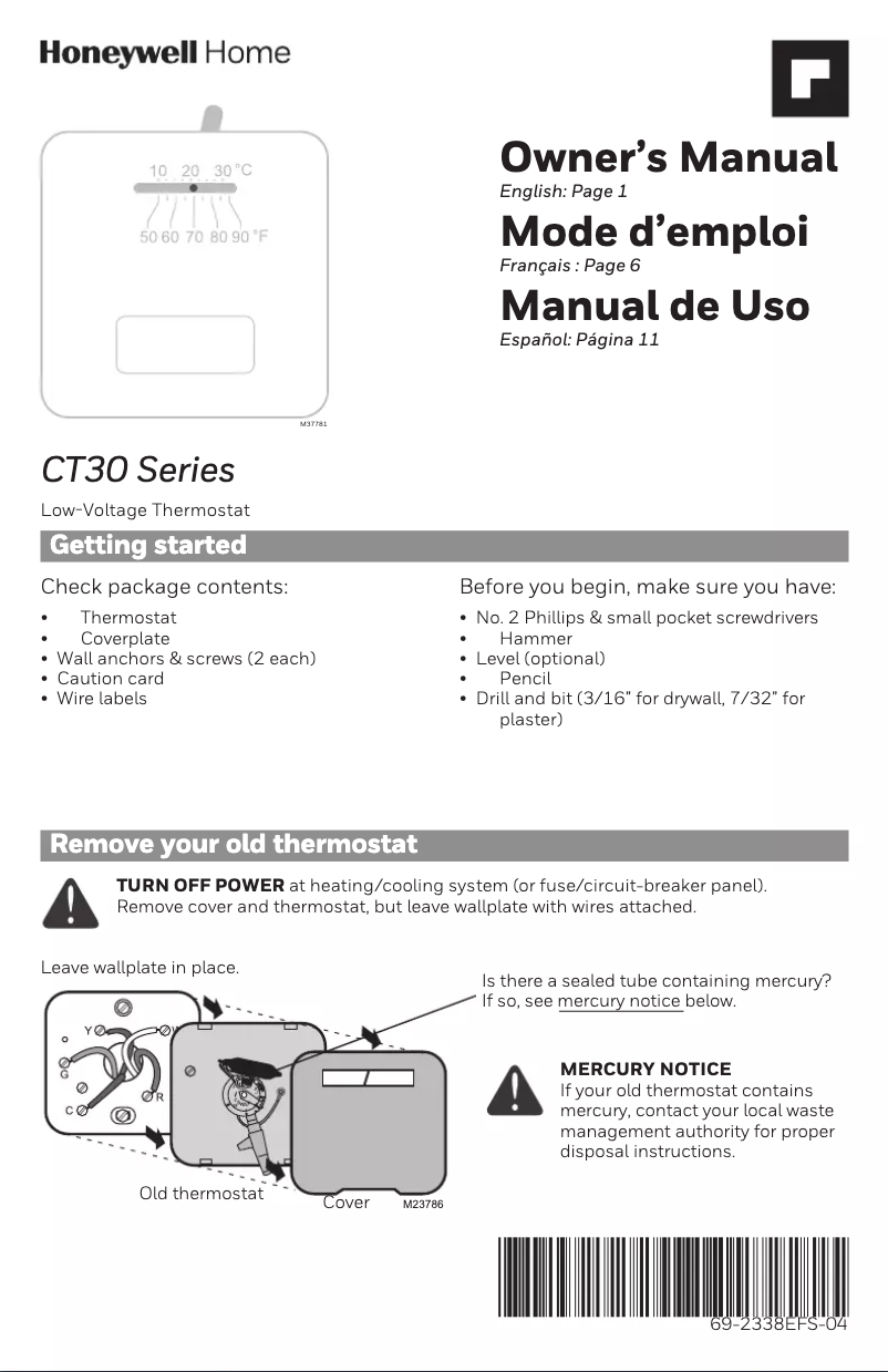 Page 1 de la notice Manuel utilisateur Honeywell CT31A1003/E