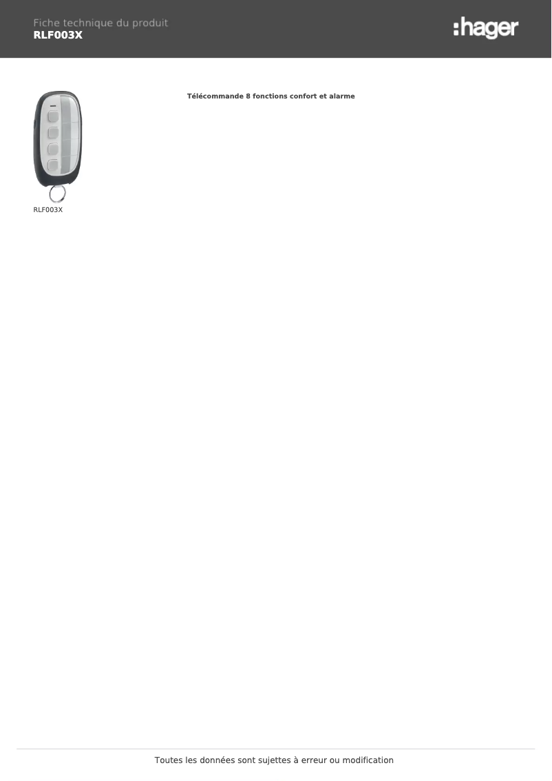 Page 1 de la notice Fiche technique Hager RLF003X