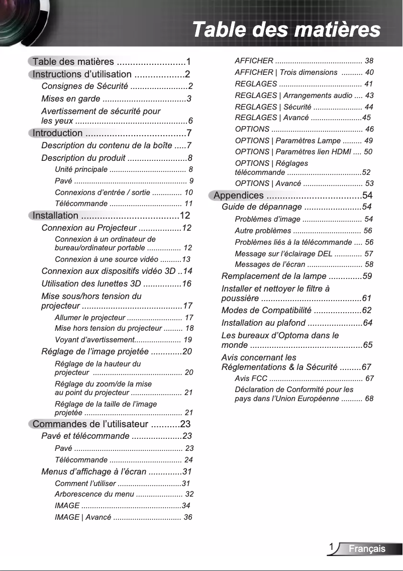 Page 1 de la notice Manuel utilisateur Optoma GT1070Xe