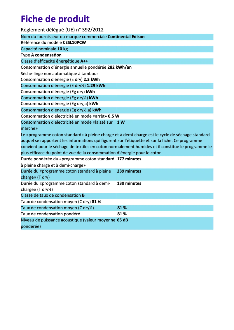 Page n°1 - Label énergétique Continental Edison CESL10PCW