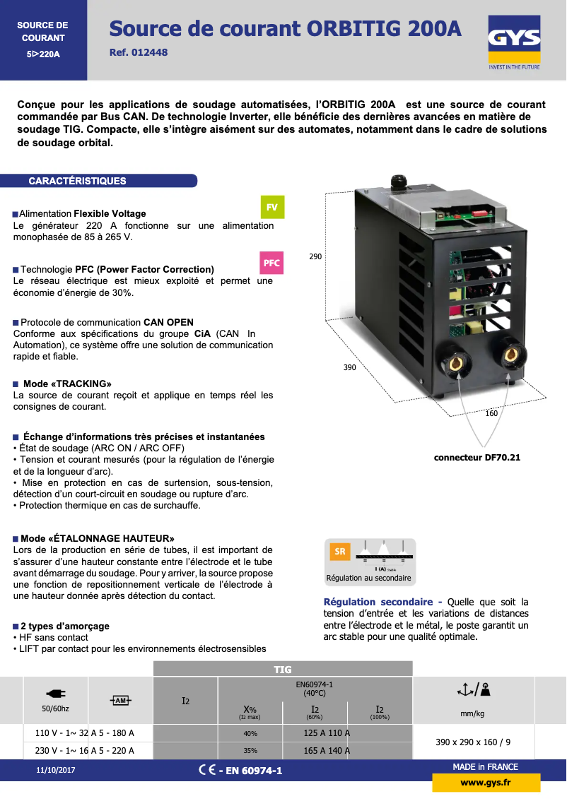 Page 1 de la notice Fiche technique GYS Orbitig 200 A