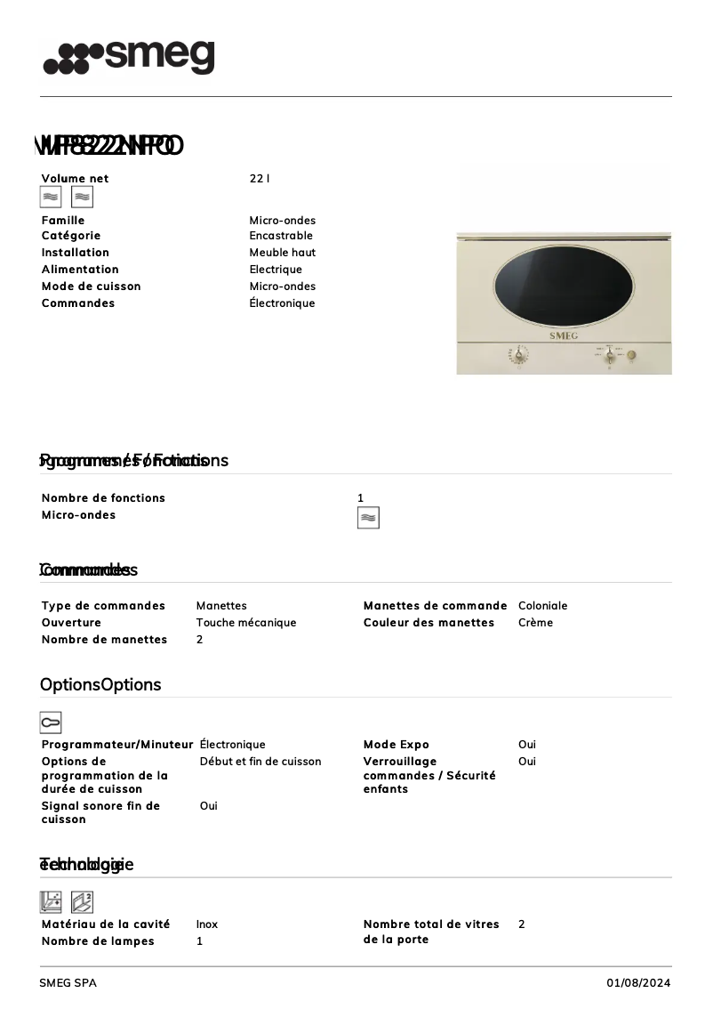 Página 1 del manual Ficha técnica Smeg MP822NPO