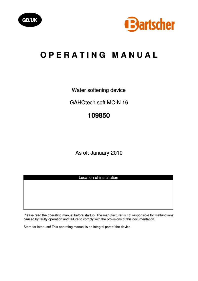 Page n°1 - Manuel utilisateur Bartscher 109850