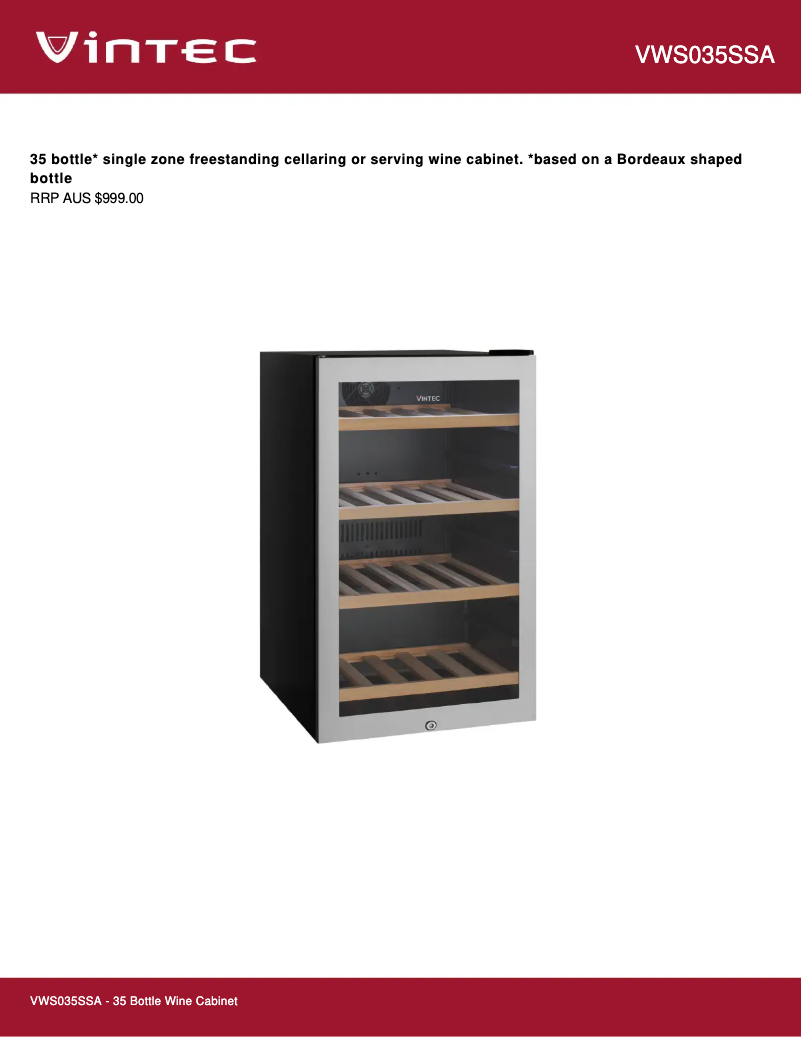 Page 1 de la notice Fiche technique Vintec VWS035SSA