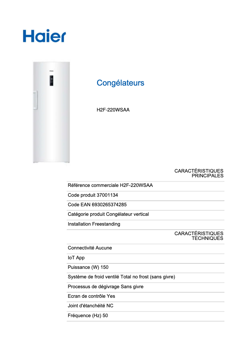 Page 1 de la notice Fiche technique Haier H2F-220WSAA