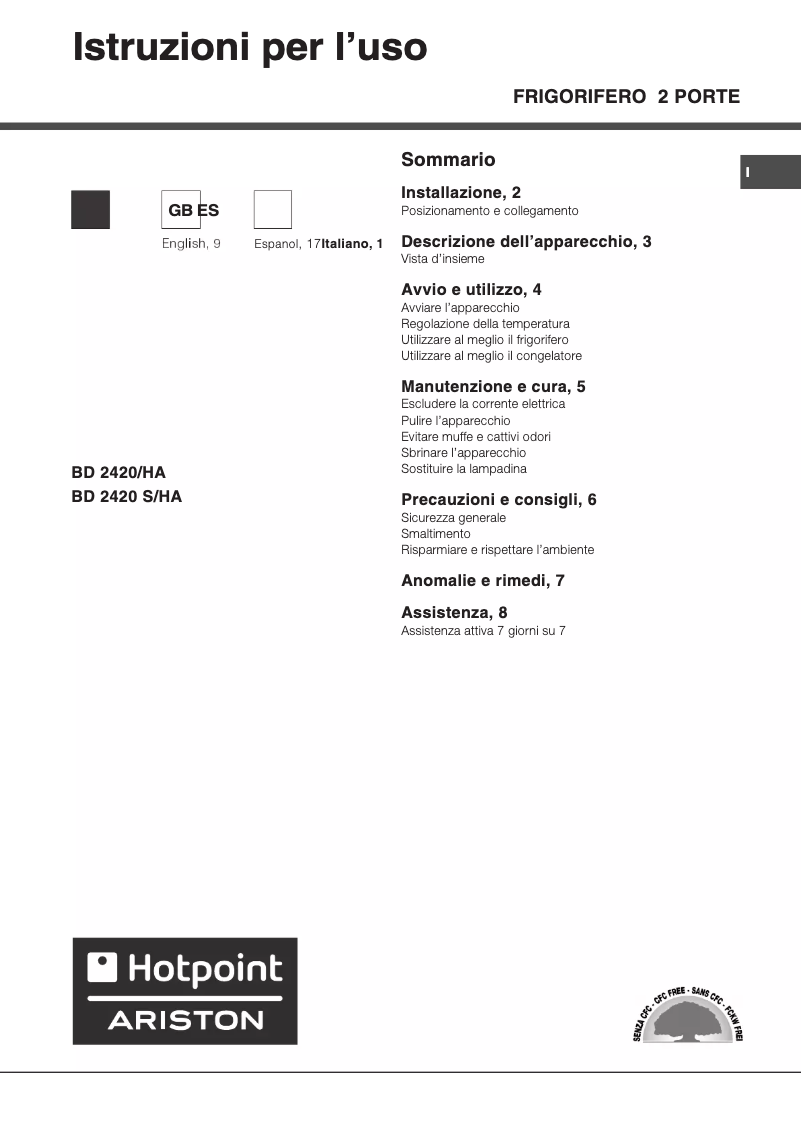 Page 1 de la notice Manuel utilisateur Hotpoint Ariston BD 2420 S HA