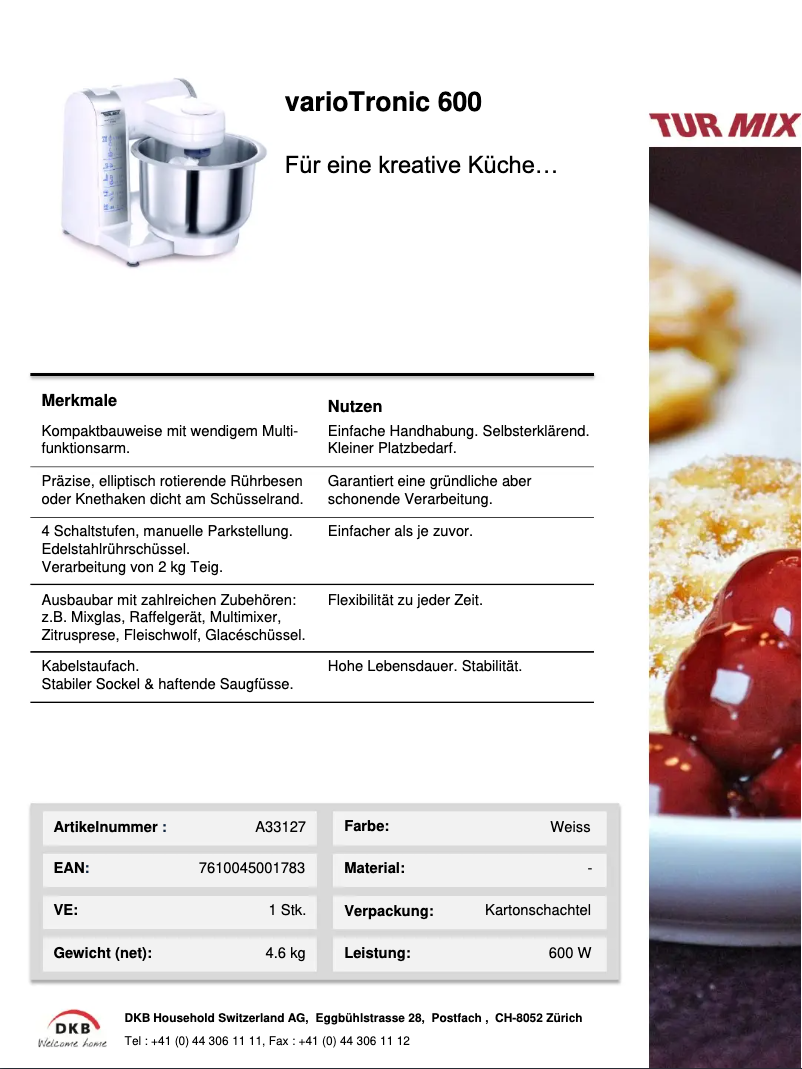 Page 1 de la notice Fiche technique Turmix VarioTronic 600 A33127