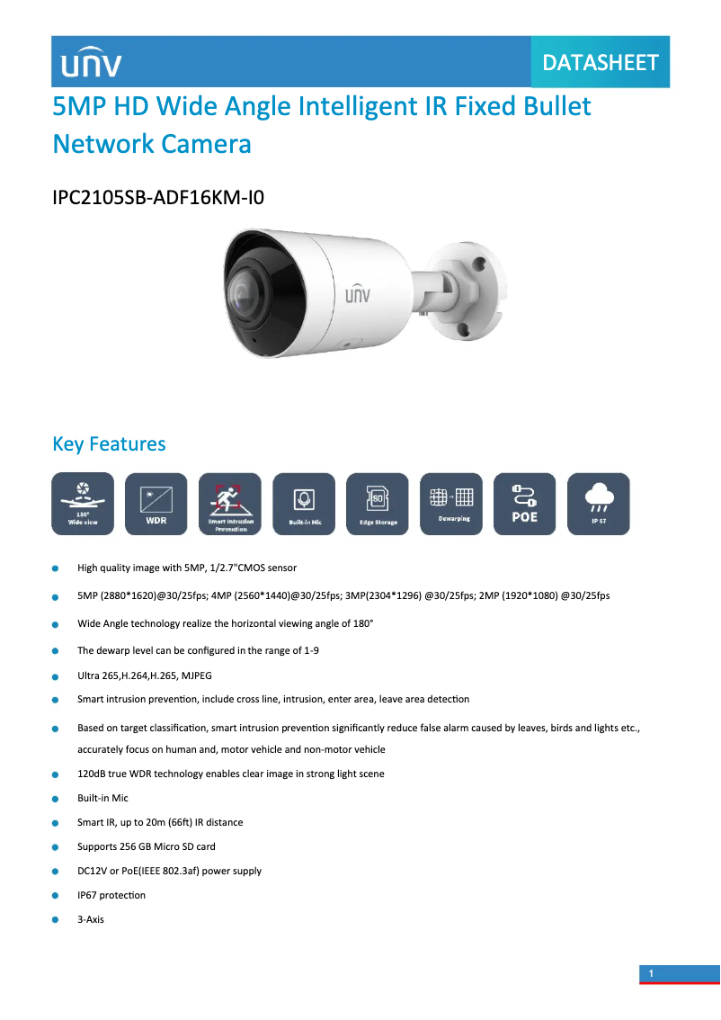 Page 1 de la notice Fiche technique UniView IPC2105SB-ADF16KM-I0