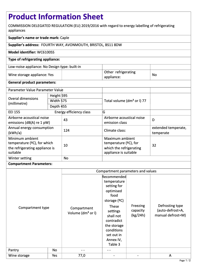 Page 1 de la notice Fiche technique Caple WC6100BS