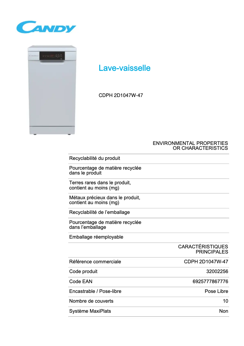 Page 1 de la notice Fiche technique Candy CDPH 2D1047W