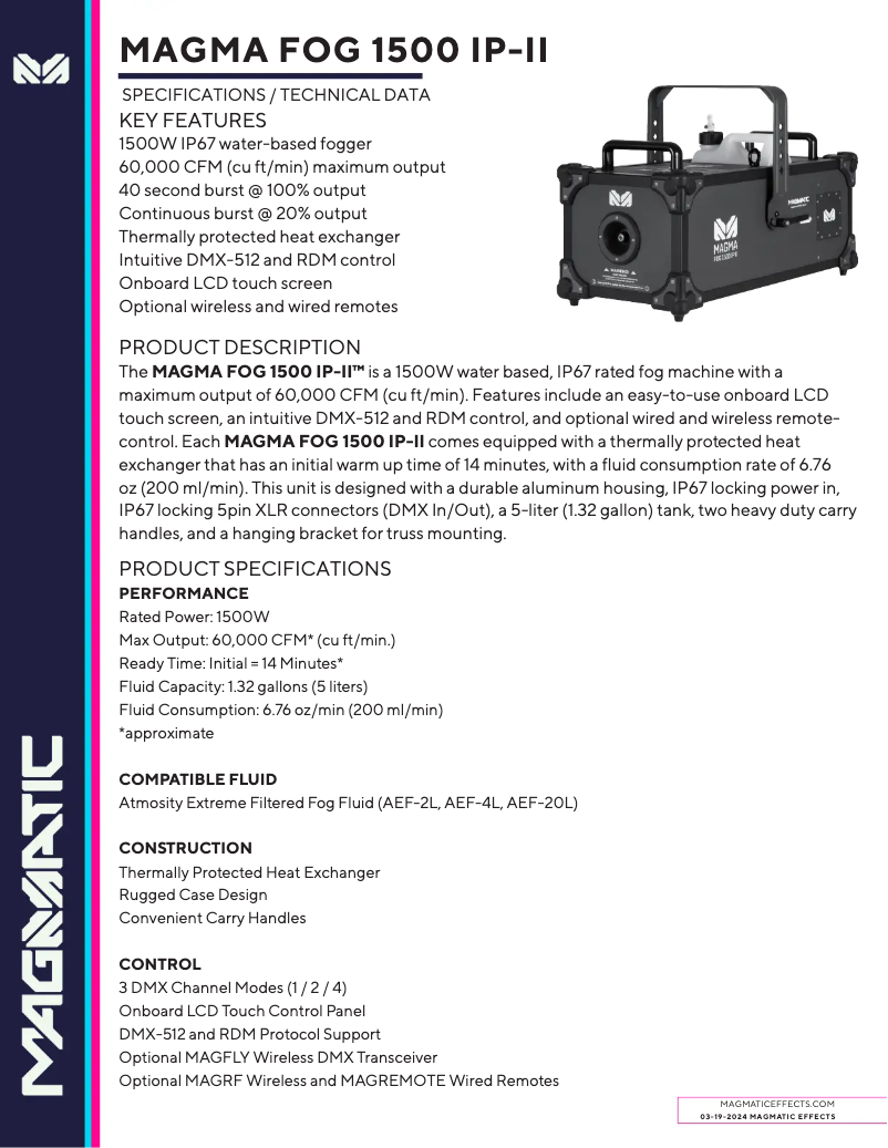 Page 1 de la notice Fiche technique Magmatic Magma Fog 1500IP-II