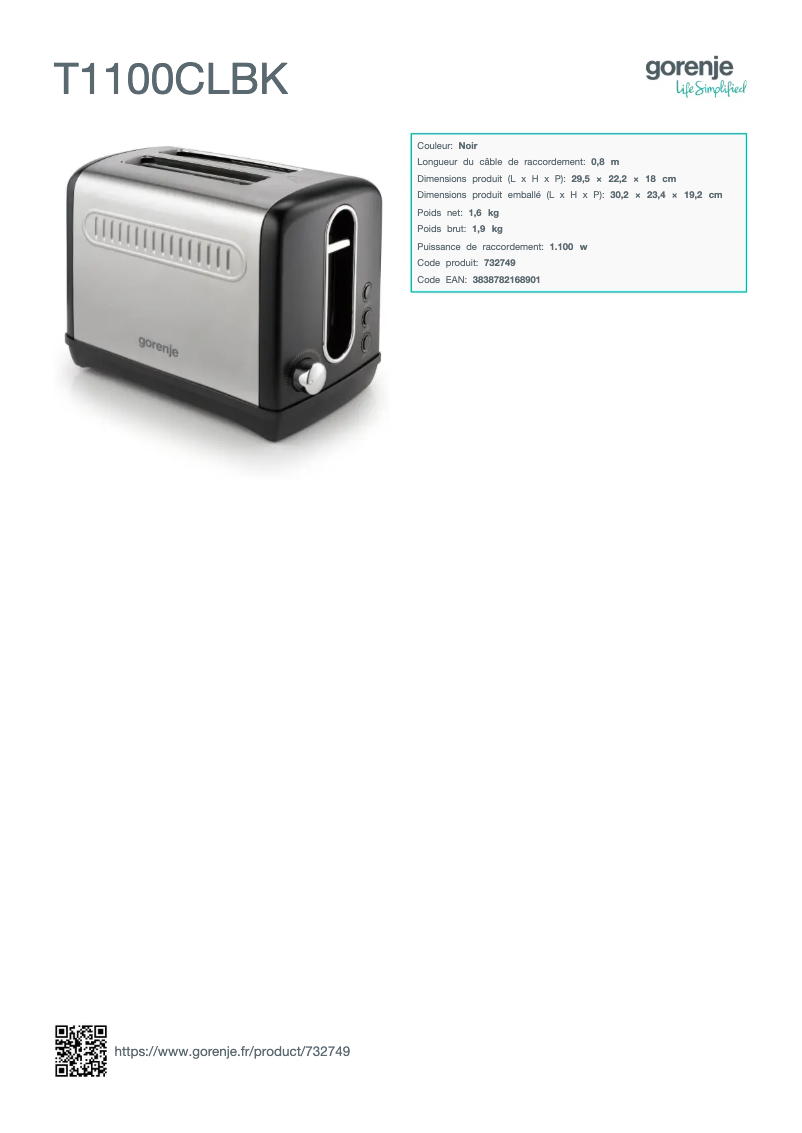 Page 1 de la notice Fiche technique Gorenje T1100CLBK