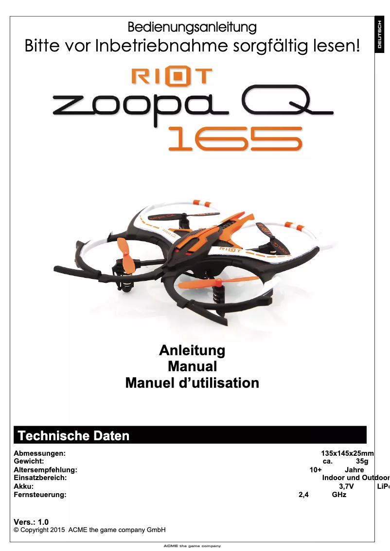 First page image of the manual for zoopa Q165 RIOT