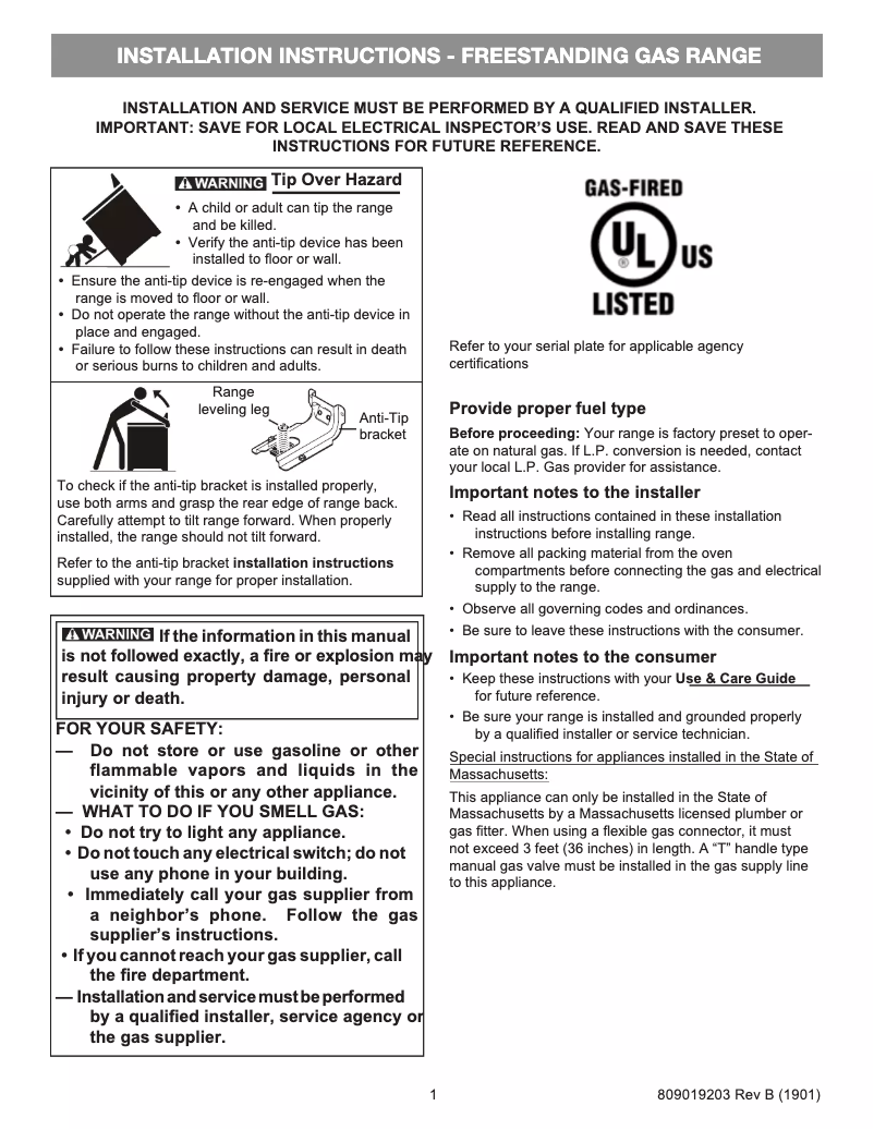 Page n°1 - Guide d'installation Frigidaire FFGH2422US