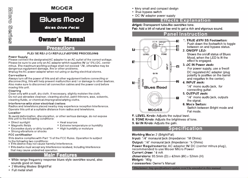 Page 1 de la notice Manuel utilisateur Mooer Blues Mood