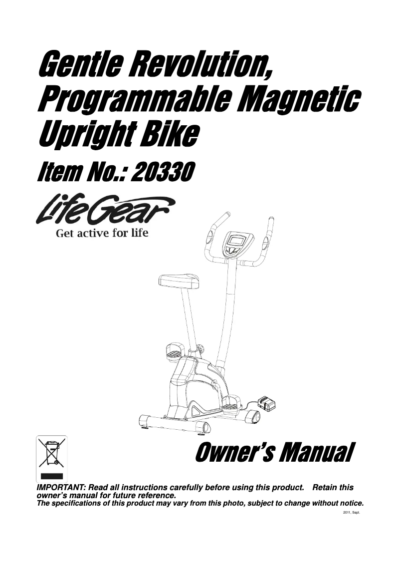 Page 1 de la notice Manuel utilisateur Life Gear Gentle Revolution Programmable Magnetic Upright Bike 20330