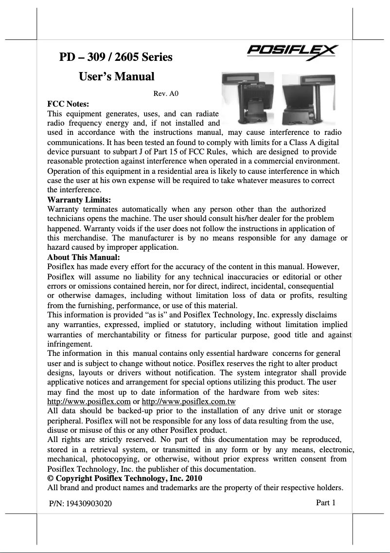 Page 1 de la notice Manuel utilisateur Posiflex PD-300R