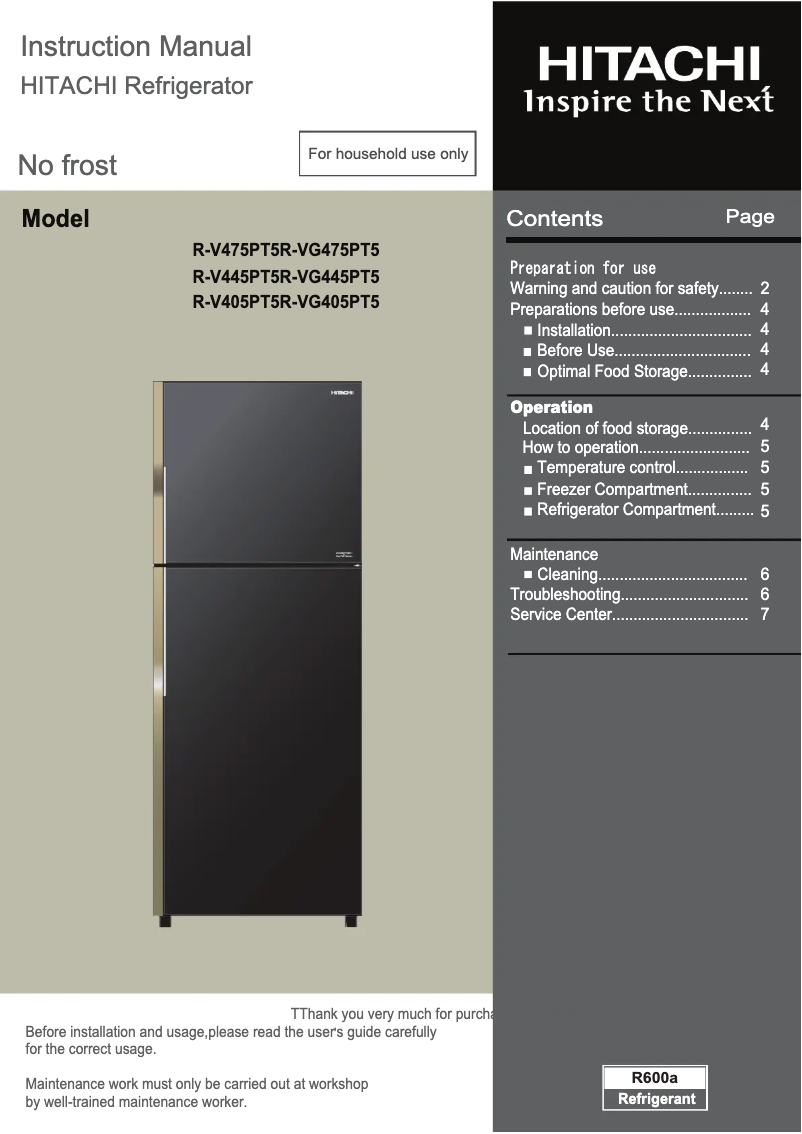 Page 1 de la notice Manuel utilisateur Hitachi R-V405PT5INX