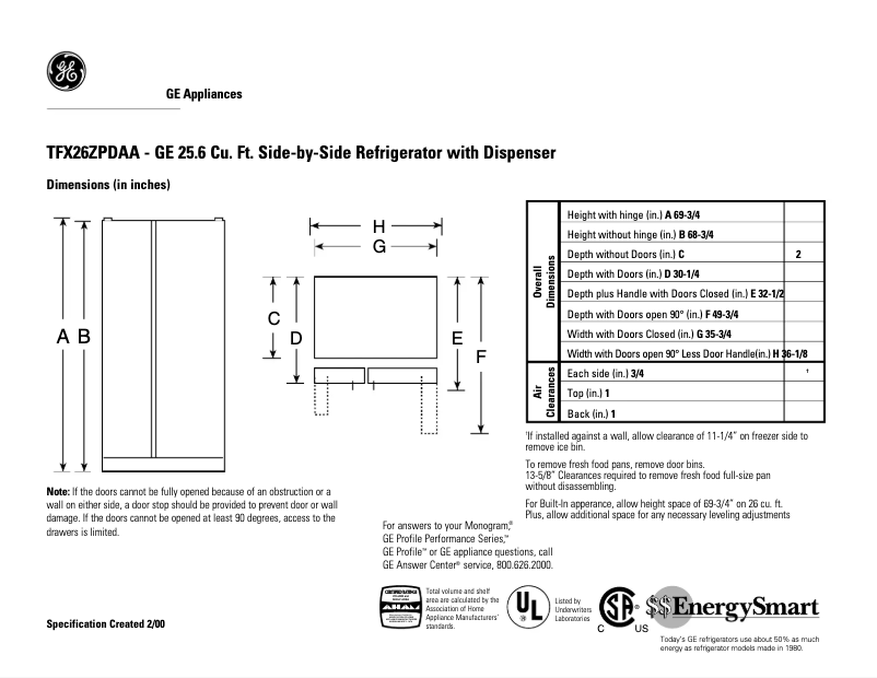 Page 1 of the manual Technical Sheet GE TFX26ZPDAA