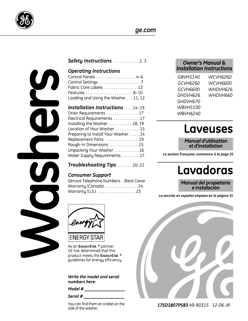 Page 1 de la notice Manuel utilisateur GE WBVH5100