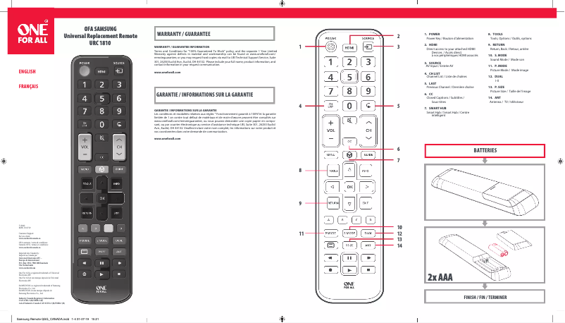 Page 1 de la notice Manuel utilisateur One for all URC 1810