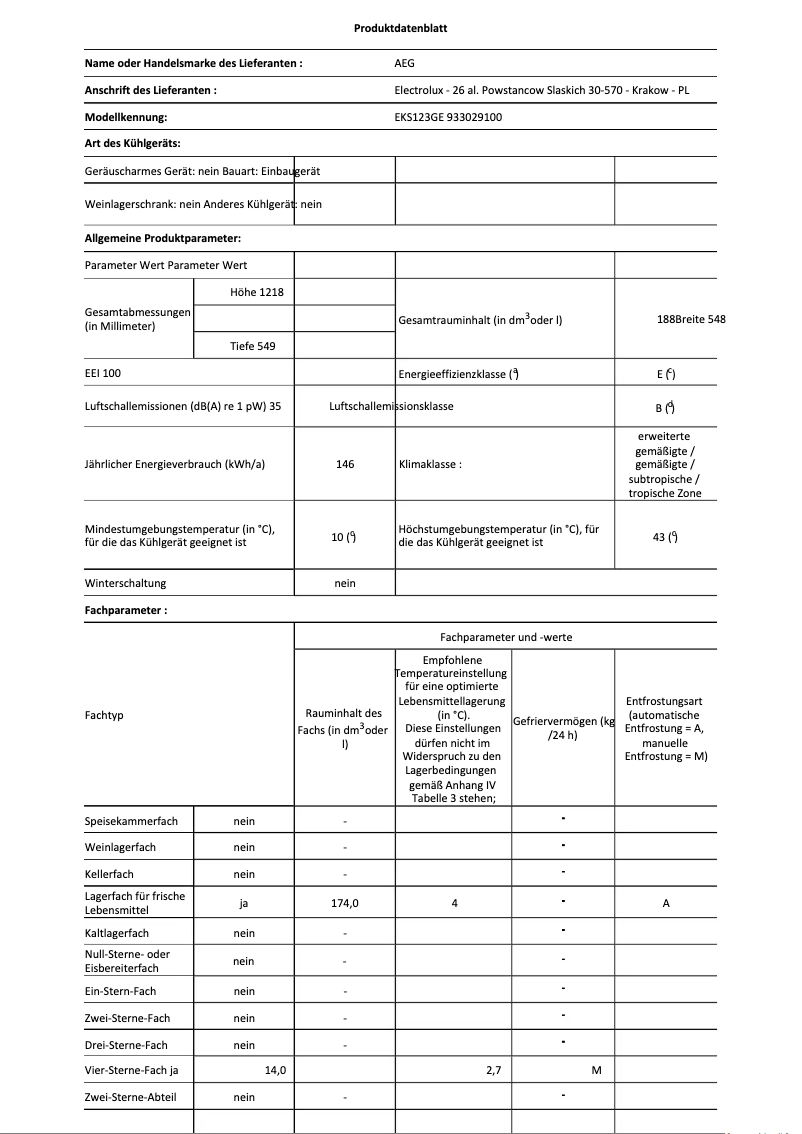 Page 1 de la notice Fiche technique AEG EKS123GE