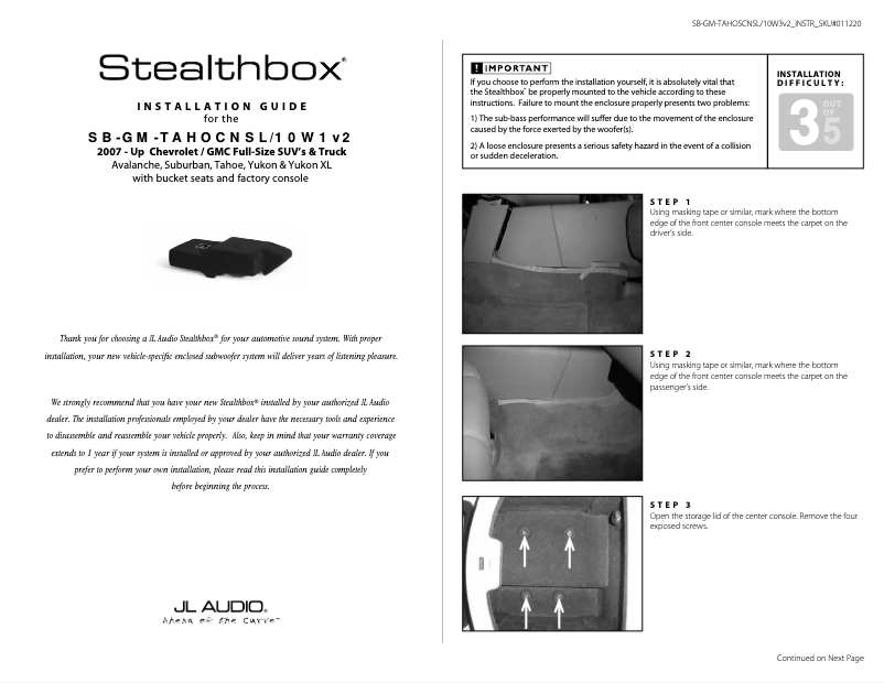 Page 1 de la notice Guide d'installation JL Audio Stealthbox SB-GM-TAHOCNSL/10W1v3
