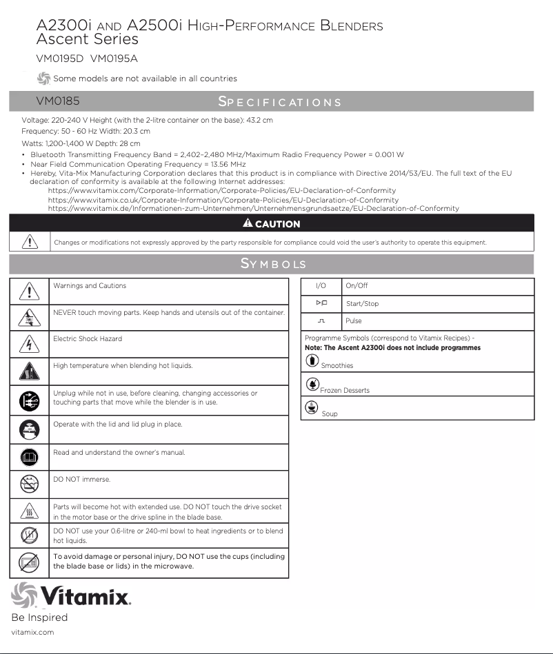 Page 1 de la notice Manuel utilisateur Vitamix Ascent A2300i