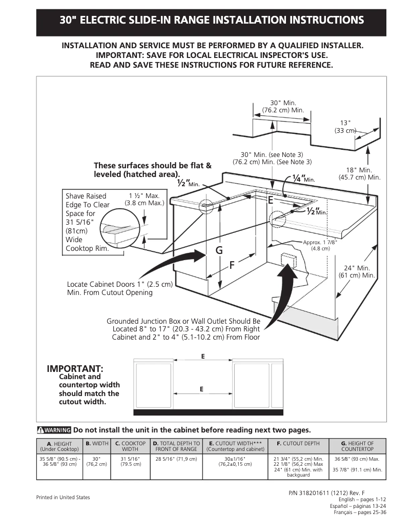 Page 1 de la notice Guide d'installation Frigidaire GLES389FS