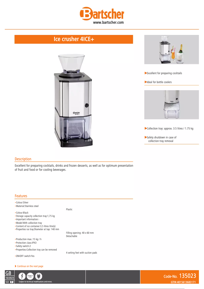 Page 1 de la notice Fiche technique Bartscher 4ICE+