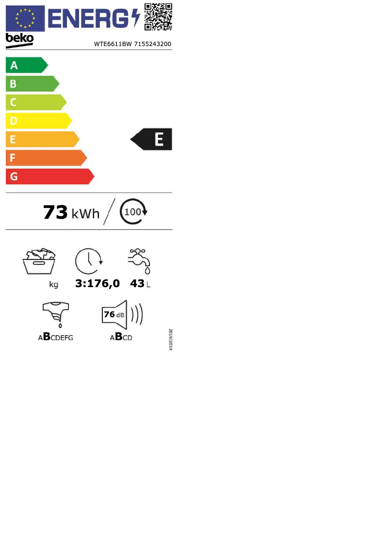 Page 1 de la notice Label énergétique Beko WTE6611BW