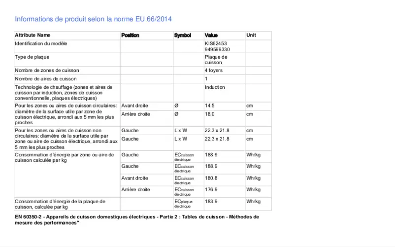 Page 1 de la notice Fiche technique Electrolux KIS62453