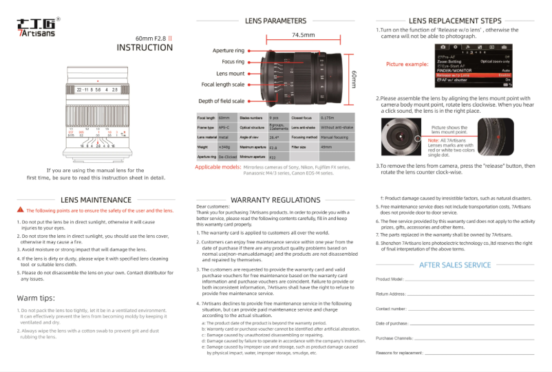 Page n°1 - Manuel utilisateur 7artisans 60mm F2.8 Macro MK II