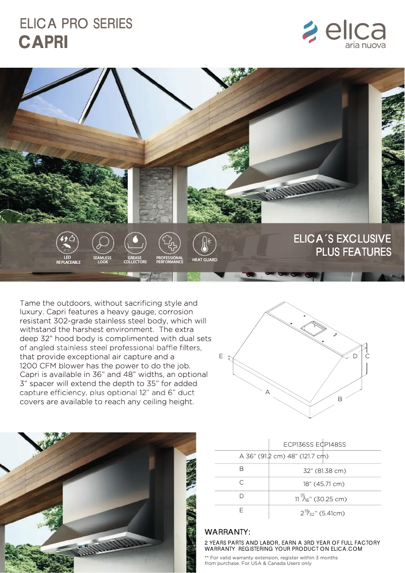 Page 1 de la notice Fiche technique Elica Capri ECP148SS