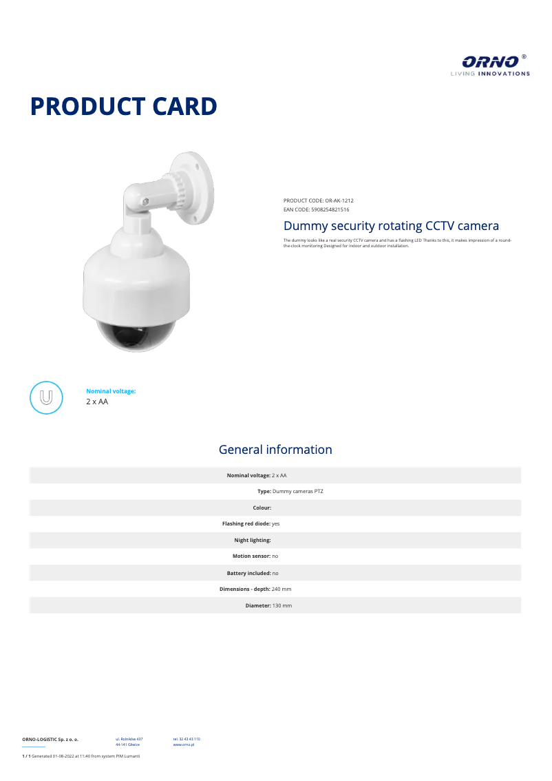 Page 1 de la notice Fiche technique ORNO OR-AK-1212