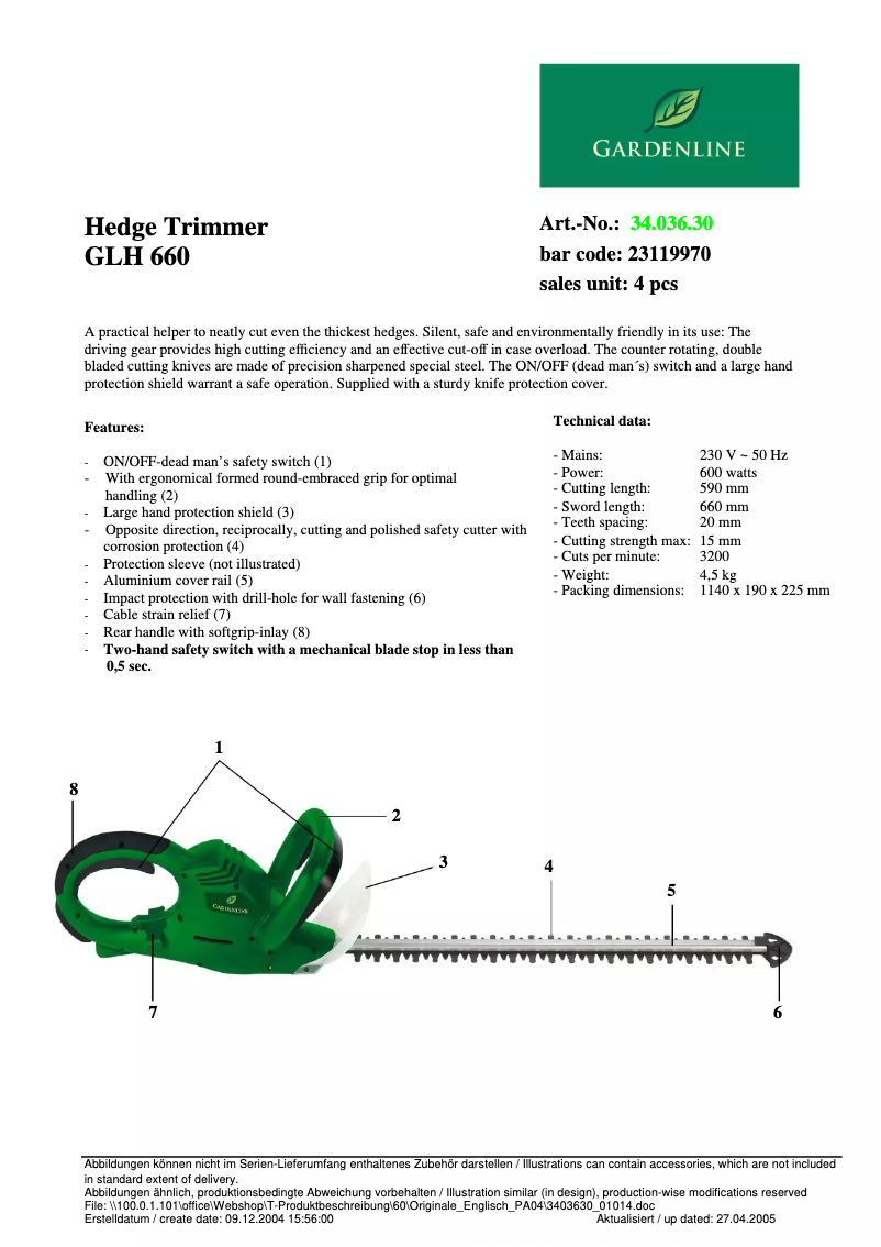 Page n°1 - Fiche technique Gardenline GLH 660