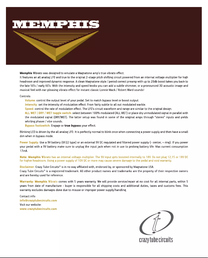 Page 1 de la notice Manuel utilisateur Crazy Tube Circuits Memphis