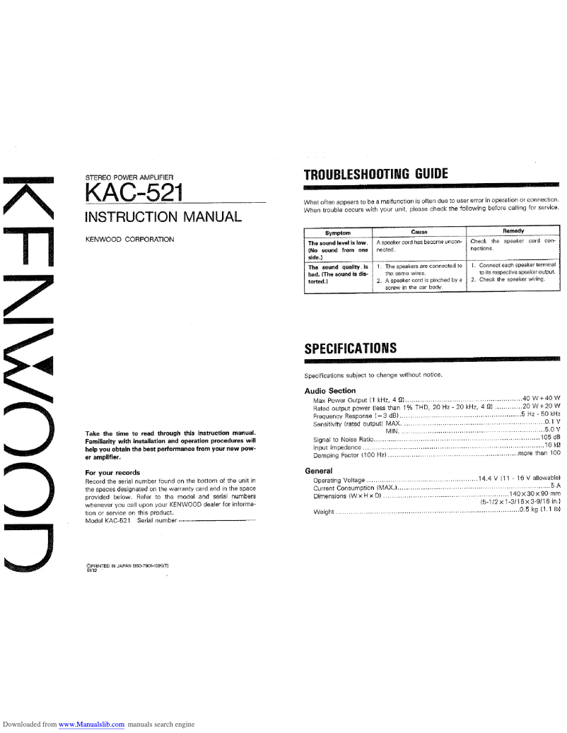 Page 1 de la notice Manuel utilisateur Kenwood KAC-521