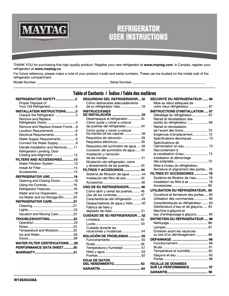 Page n°1 - Manuel utilisateur Maytag MFX2676FRZ