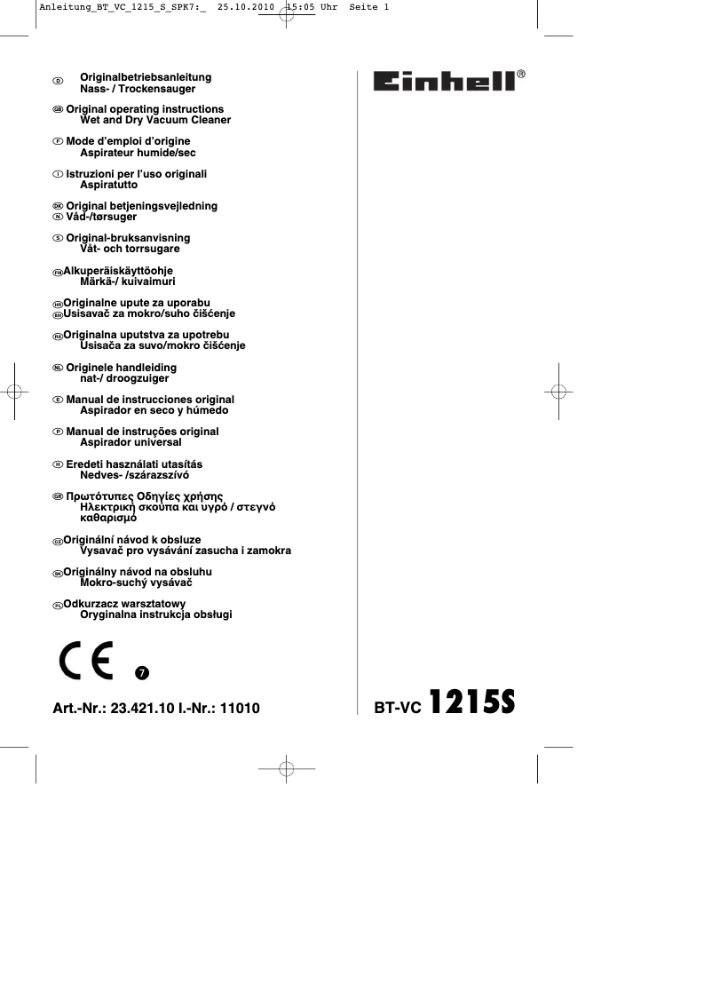 Page 1 de la notice Mode d'emploi Einhell BT-VC 1215 S