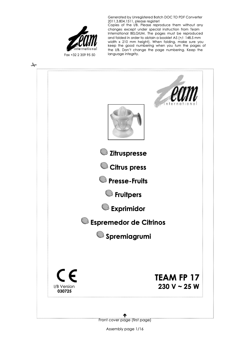 Page 1 de la notice Manuel utilisateur Team FP 17