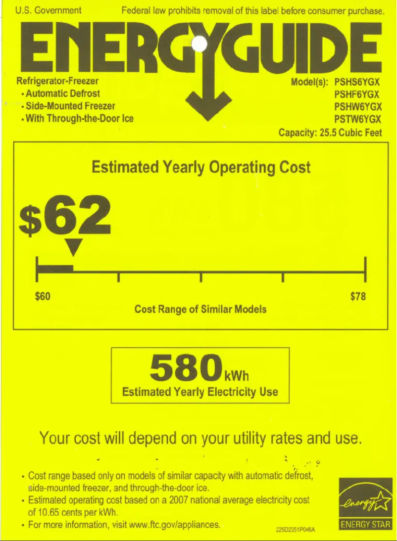 Page 1 de la notice Label énergétique GE Profile PSHF6YGXWW