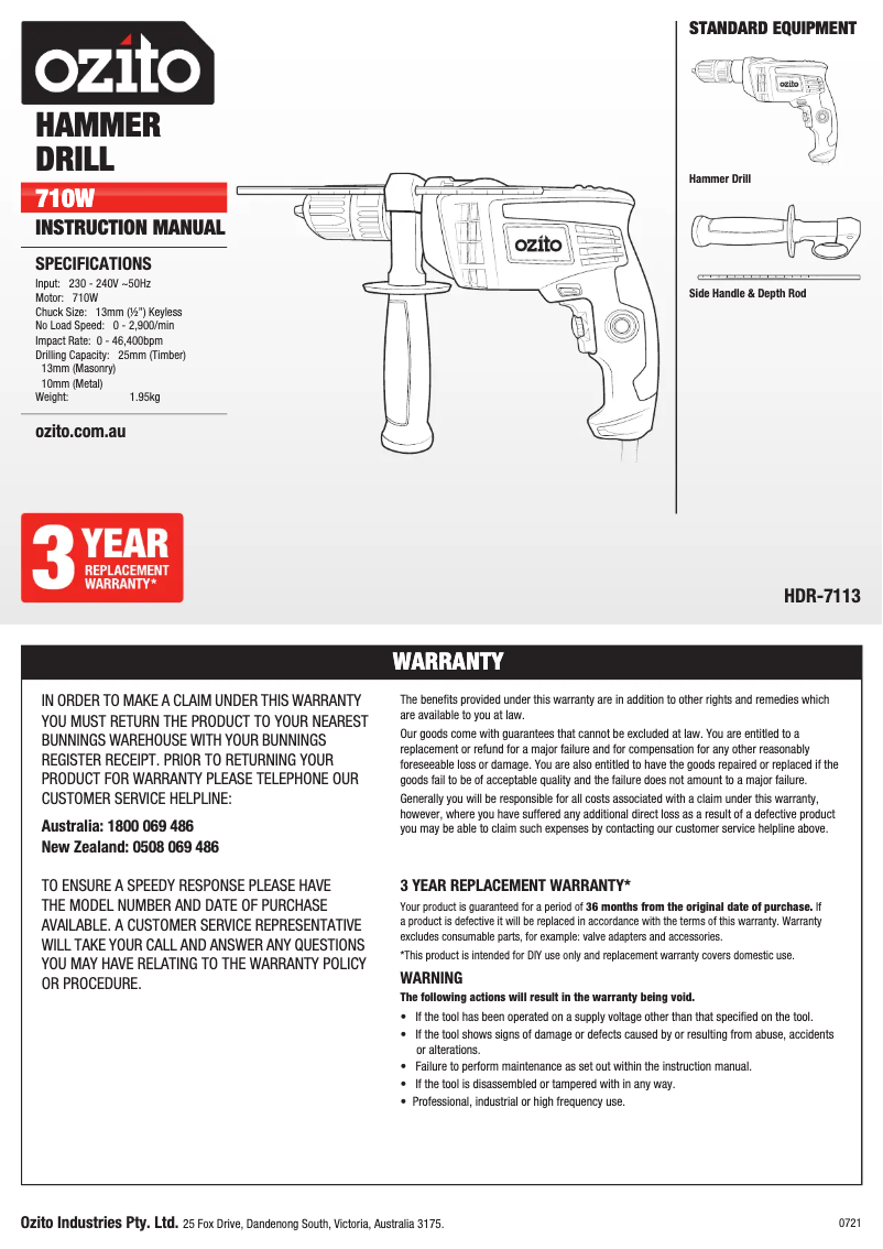 Page 1 de la notice Manuel utilisateur Ozito HDR-7113