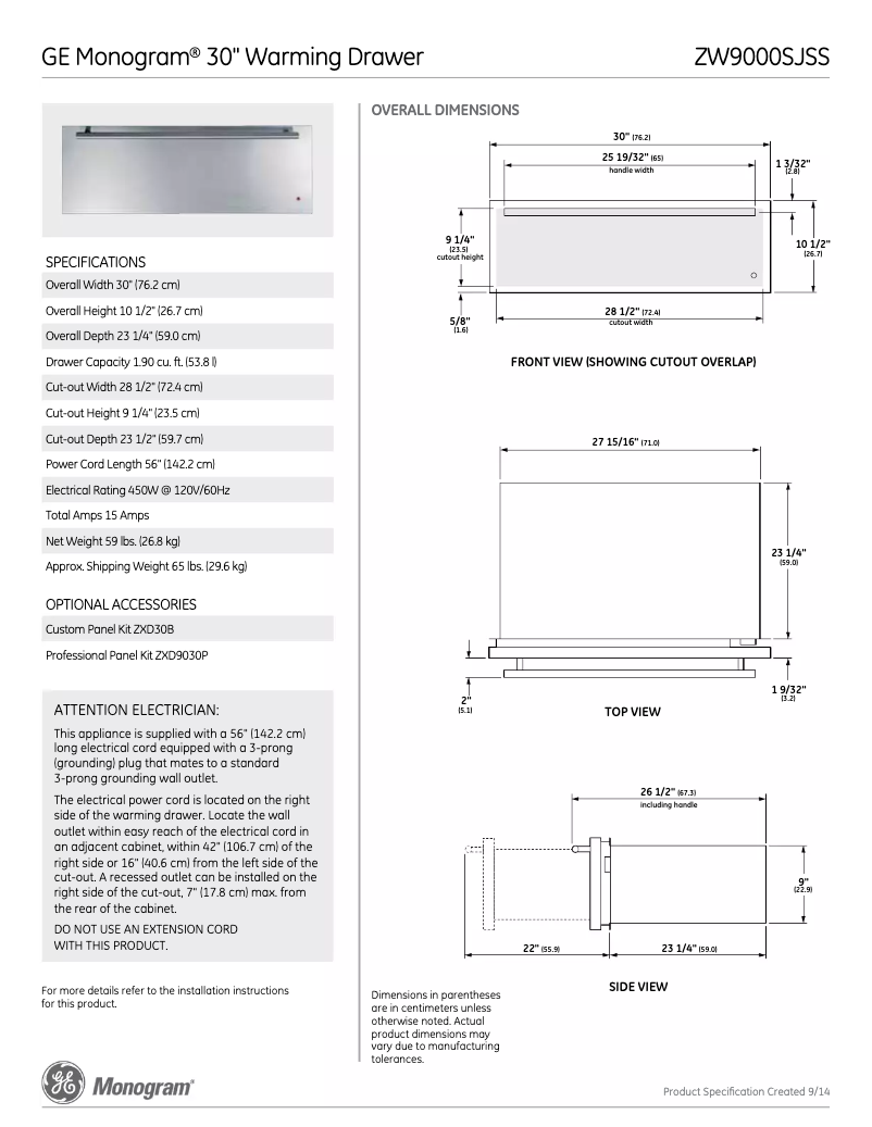 Page 1 de la notice Fiche technique Monogram ZTW900SSN
