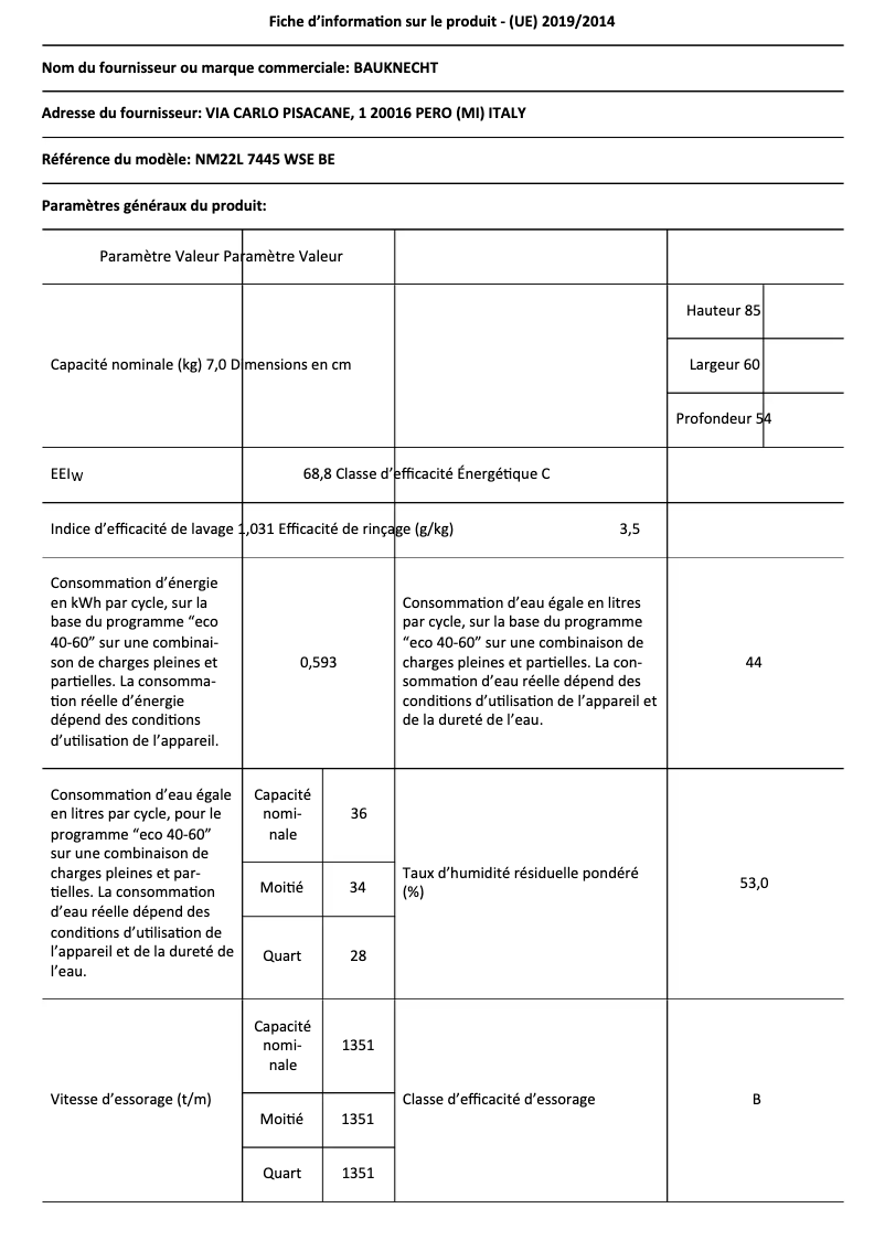 Página 1 del manual Ficha técnica Bauknecht NM22L 7445 WSE BE